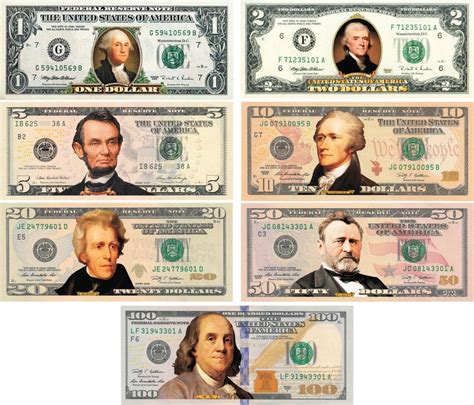 Set Of All 7 Colorized 2 Sided U S Bills Currency 1 2 5 10 20