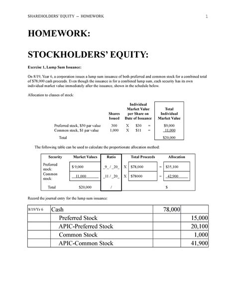 Shareholders Equity Homework Homework Stockholders Equity