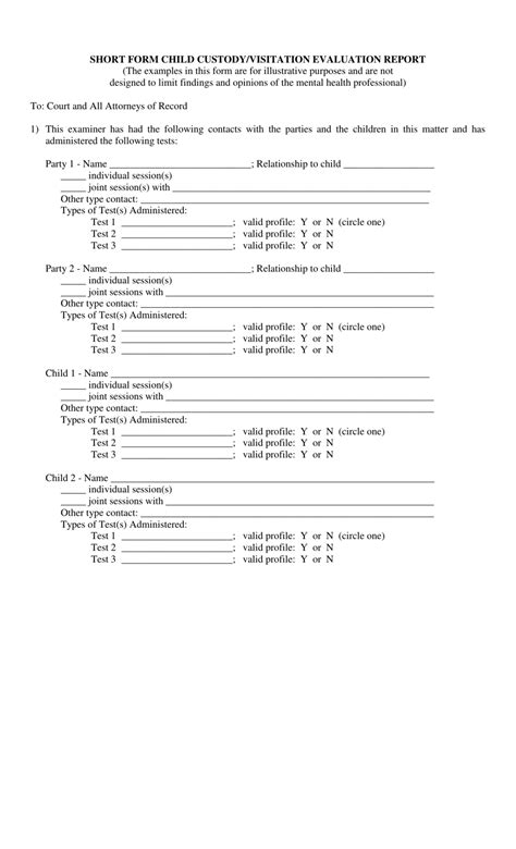 Short Form Child Custody Visitation Evaluation Report Form Fill Out