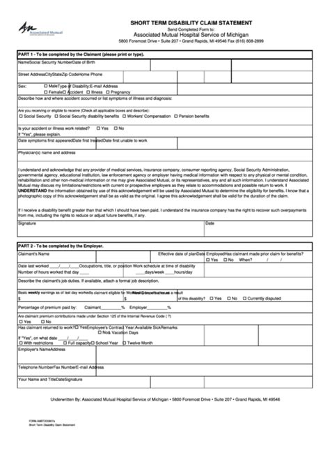 Short Term Disability Claim Statement Template Printable Pdf Download