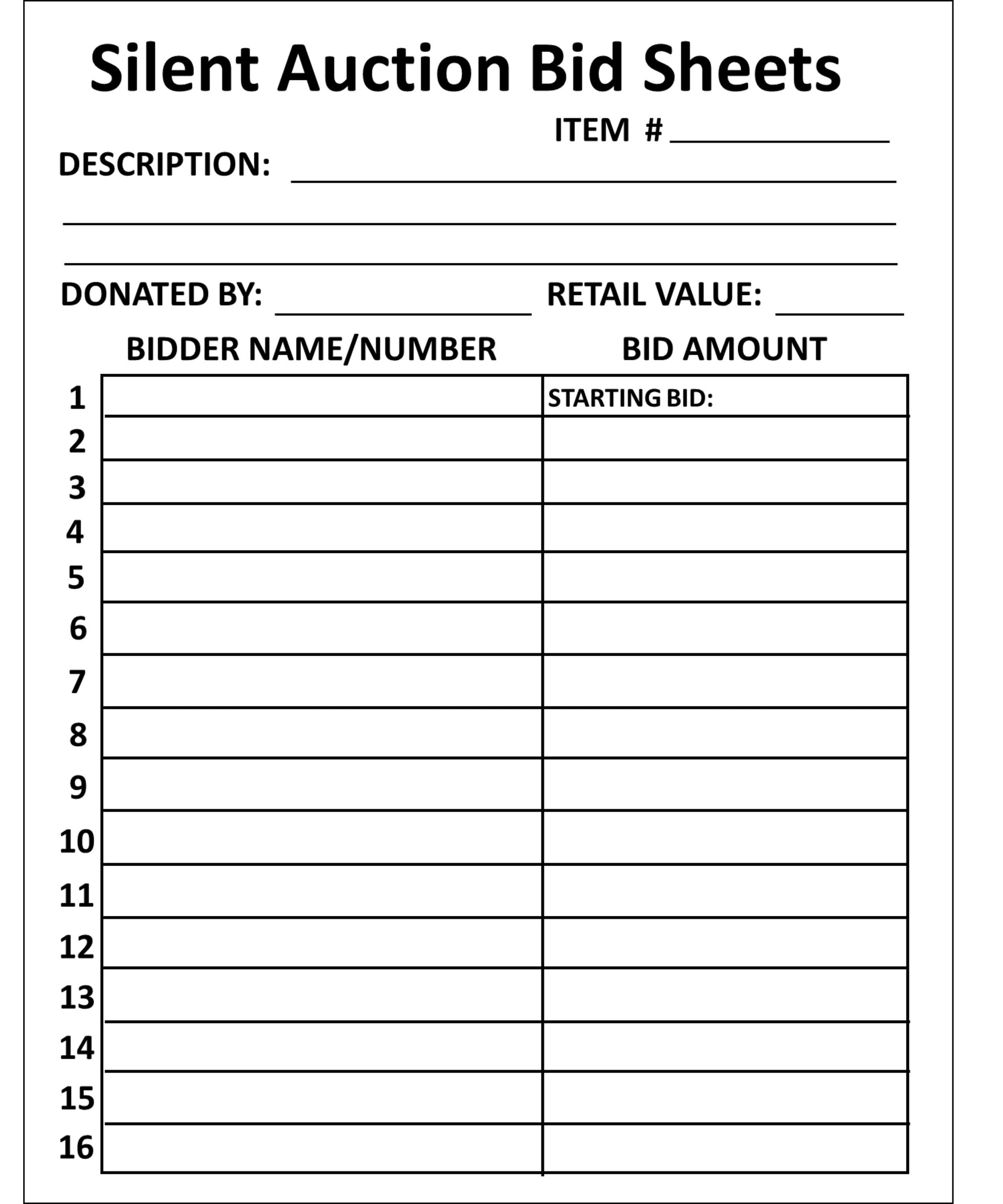 Silent Auction Bid Sheets To Print Free