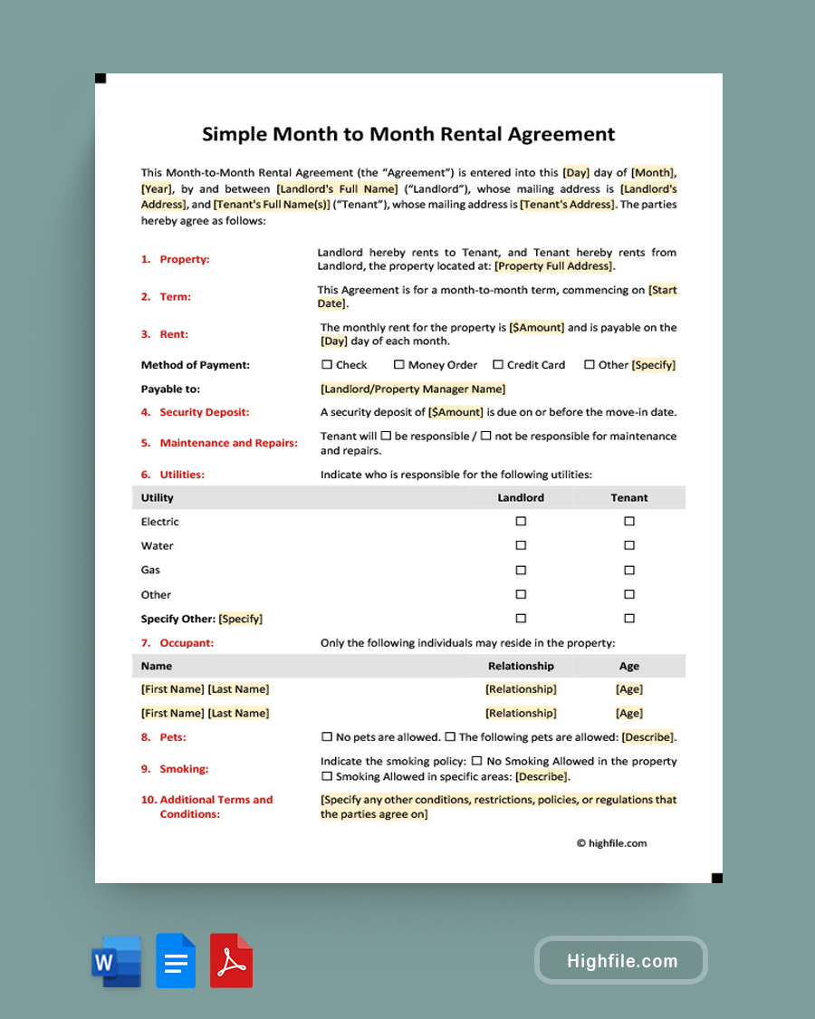 Simple Month To Month Rental Agreement Word Pdf Google Docs