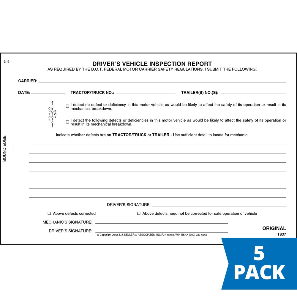 Simplified Driver S Vehicle Inspection Report 5 Pk Book Format 3 Ply Carbonless 5 5 X 8 125 31 Sets Of Forms Per Dvir Book Meet Fmcsr Requirements J J Keller Associates