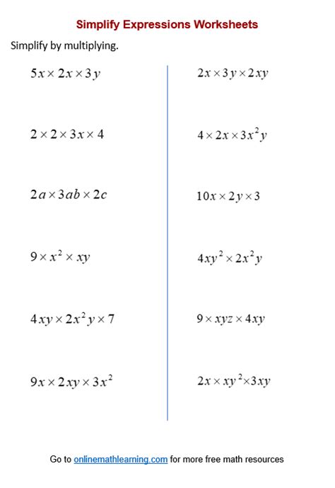 Simplify Expression Worksheets Multiply Divide Printable Online Answers Examples