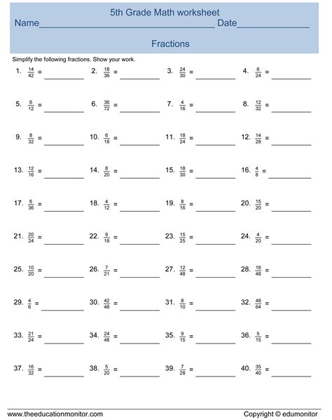 Simplifying Fractions 5Th Grade 6Th Grade Math Skills Review Practice