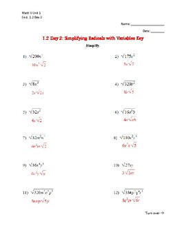 Simplifying Radicals With Variables Color By Number Valentine S Day