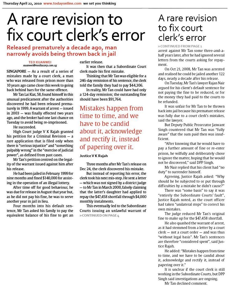 Singapore Newspaper Clippings Law A Rare Revision To Fix Court Clerk S