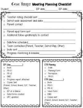 Slp Workload Forms Freebie Case Manager Meeting Planning Checklist