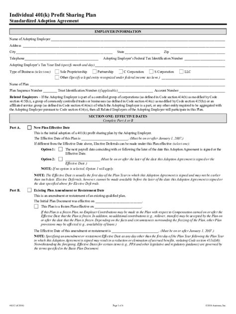 Solo 401K Adoption Agreement Template