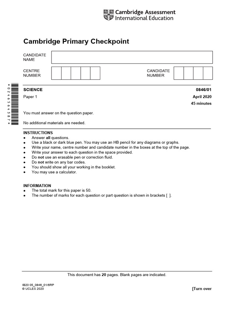 Solution Cambridge Primary Checkpoint Science 0846 April 2020 Paper 1