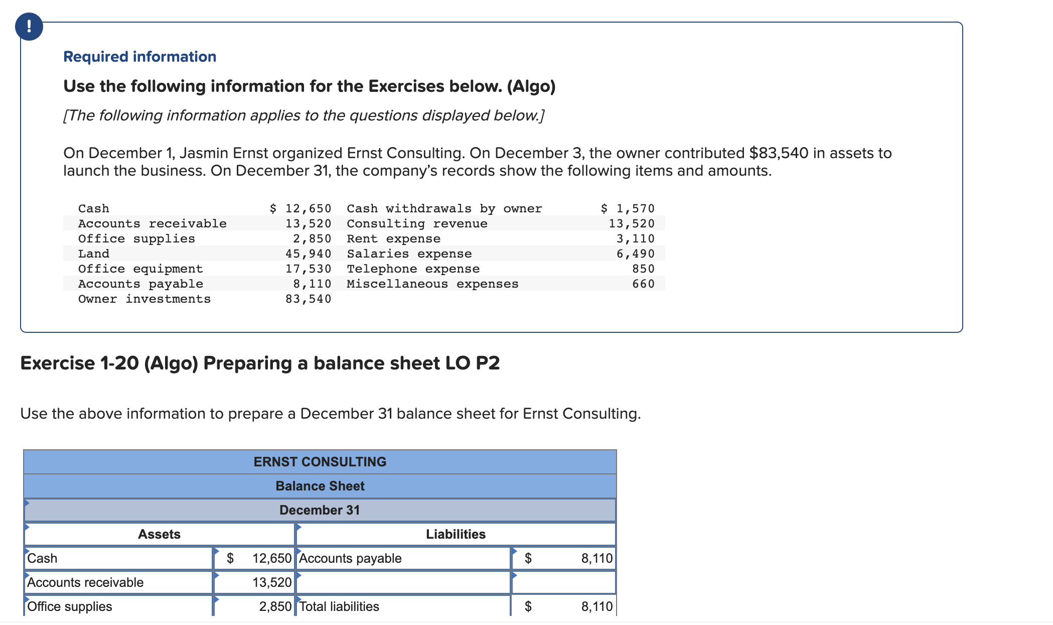 Solution Exercise 1 20 Algo Preparing A Balance Sheet Lo P2 Studypool