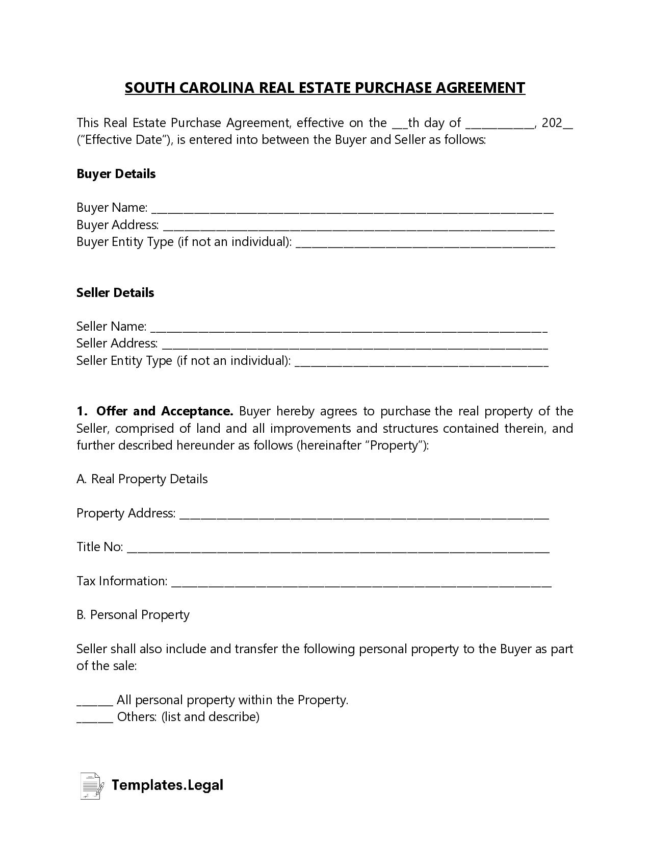 South Carolina Purchase Agreement Templates Free Word Pdf Odt