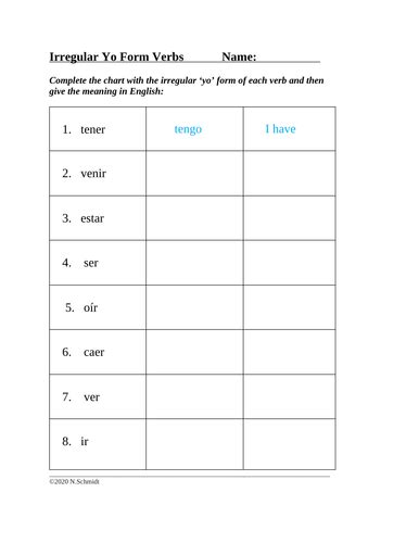 Spanish Irregular First Person Yo Form Verbs Teaching Resources