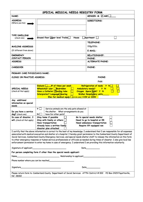 Special Needs Registry Form Printable Pdf Download