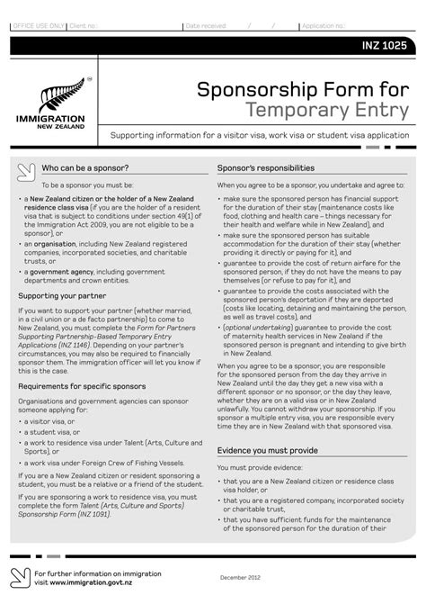 Sponsorship Form For Temporary Entry Inz 1025 Immigration