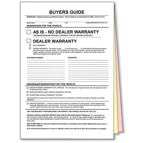 Standard Buyers Guides 3 Part Carbonless Car Dealership Forms