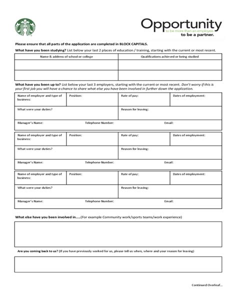 Starbucks Application For Employment Form Free Download