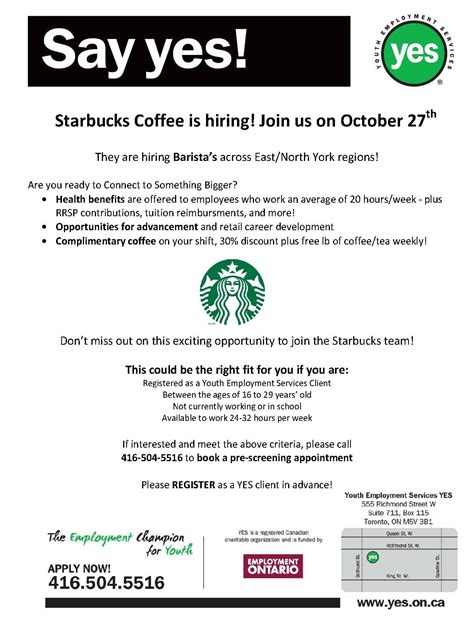 Starbucks Coffee Is Hiring On October 27Th Youth Employment Services Yes