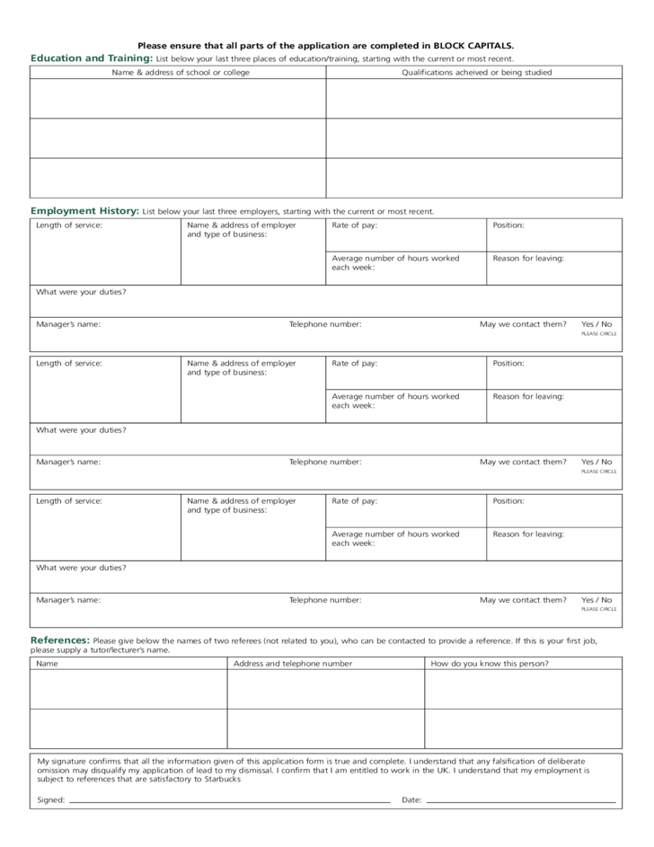 Starbucks Job Application Form Free Download