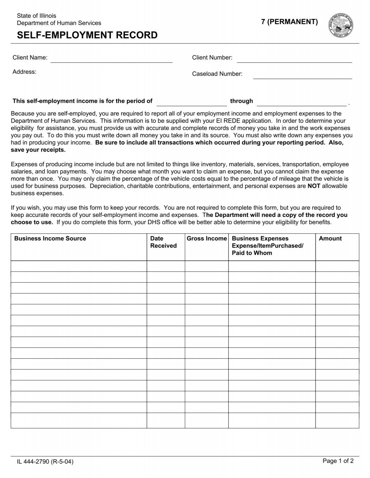 State Of Illinois Department Of Human Services Self Employment Record Fill Out Amp Sign Online