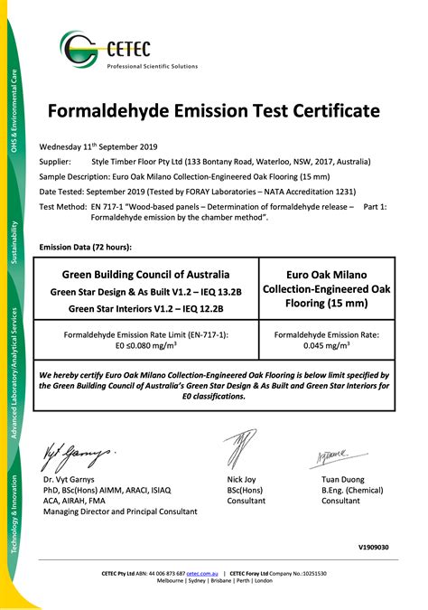 Stf Formaldehyde Emission Test Certificate 1 Style Timber Floor