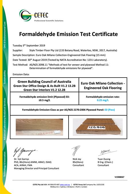 Stf Formaldehyde Emission Test Certificate 2 Style Timber Floor