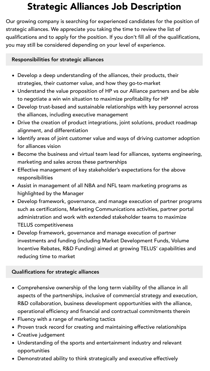 Strategic Alliances Job Description Velvet Jobs