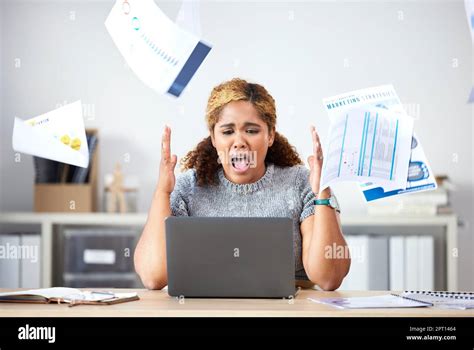 Stress Angry And Sad Finance Manager Throwing Documents Paper And Paperwork While On Laptop