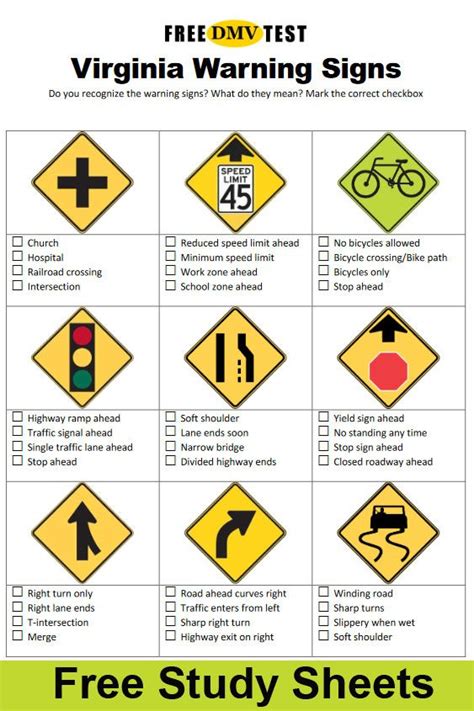 Study Sheet With Virginia Warning Signs Dmv Test Drivers Ed Drivers Education