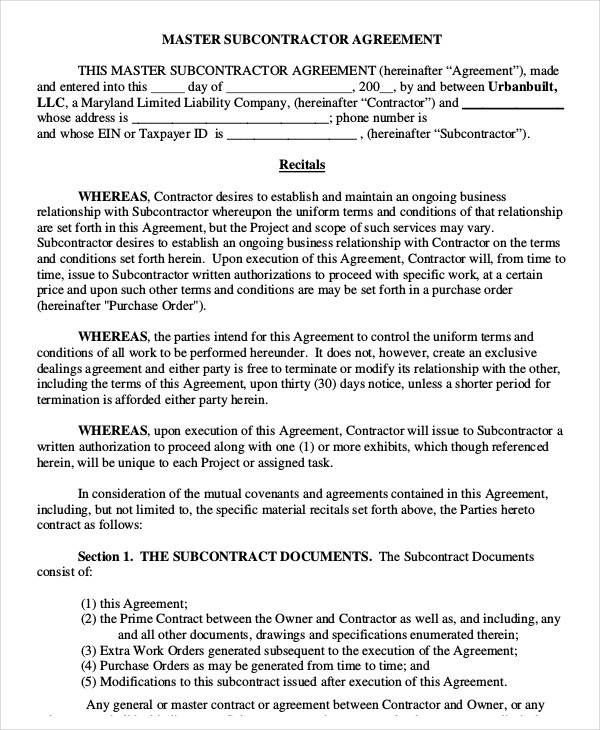 Subcontractor Agreement Template Free Agreement Templates