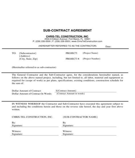 Subcontractor Form Template Hq Printable Documents