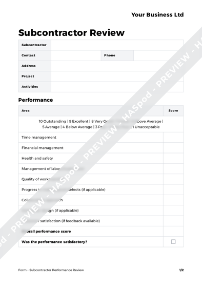 Subcontractor Performance Review Form Template Haspod