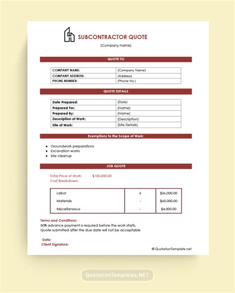 Subcontractor Quote Template 220920 Brn Quote Templates