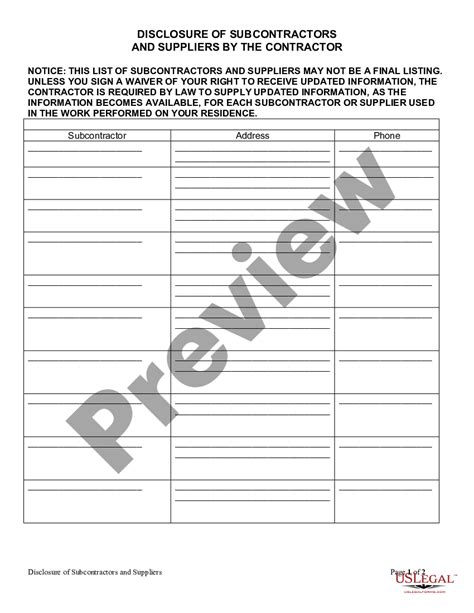 Subcontractors List Form Us Legal Forms