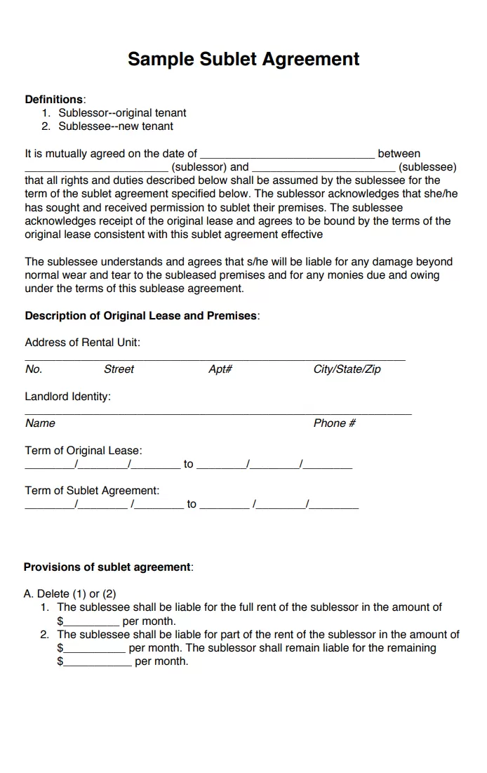 Sublet Agreement Template Free Printable Documents