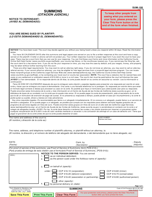 Summons Form Sum 100 And Complaint California Courts Self Help Guide