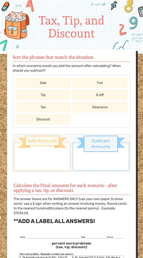 Tax Tip And Discount Interactive Worksheet By Kayce Davis Wizer Me