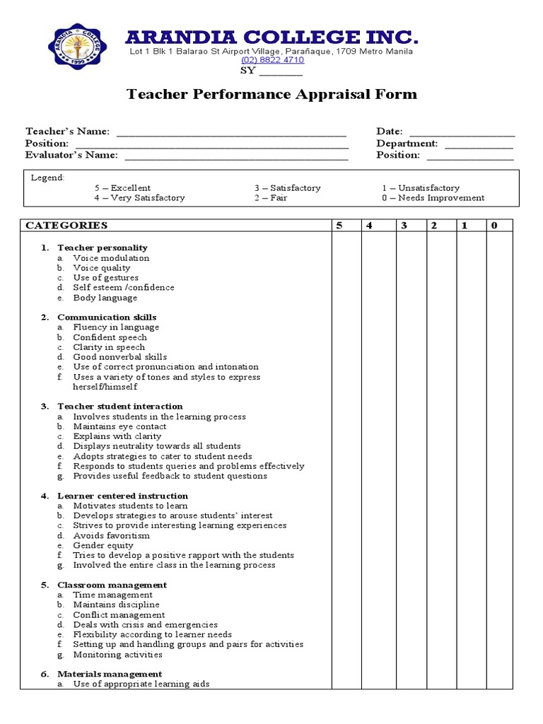 Teacher Appraisal Form Teacher Form Sample