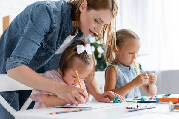 Teacher Assisting Disabled Child Syndrome Drawing Private Kindergarten Stock Photo By