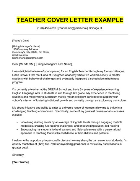 Teaching Cover Letter Examples For Successful Job Application