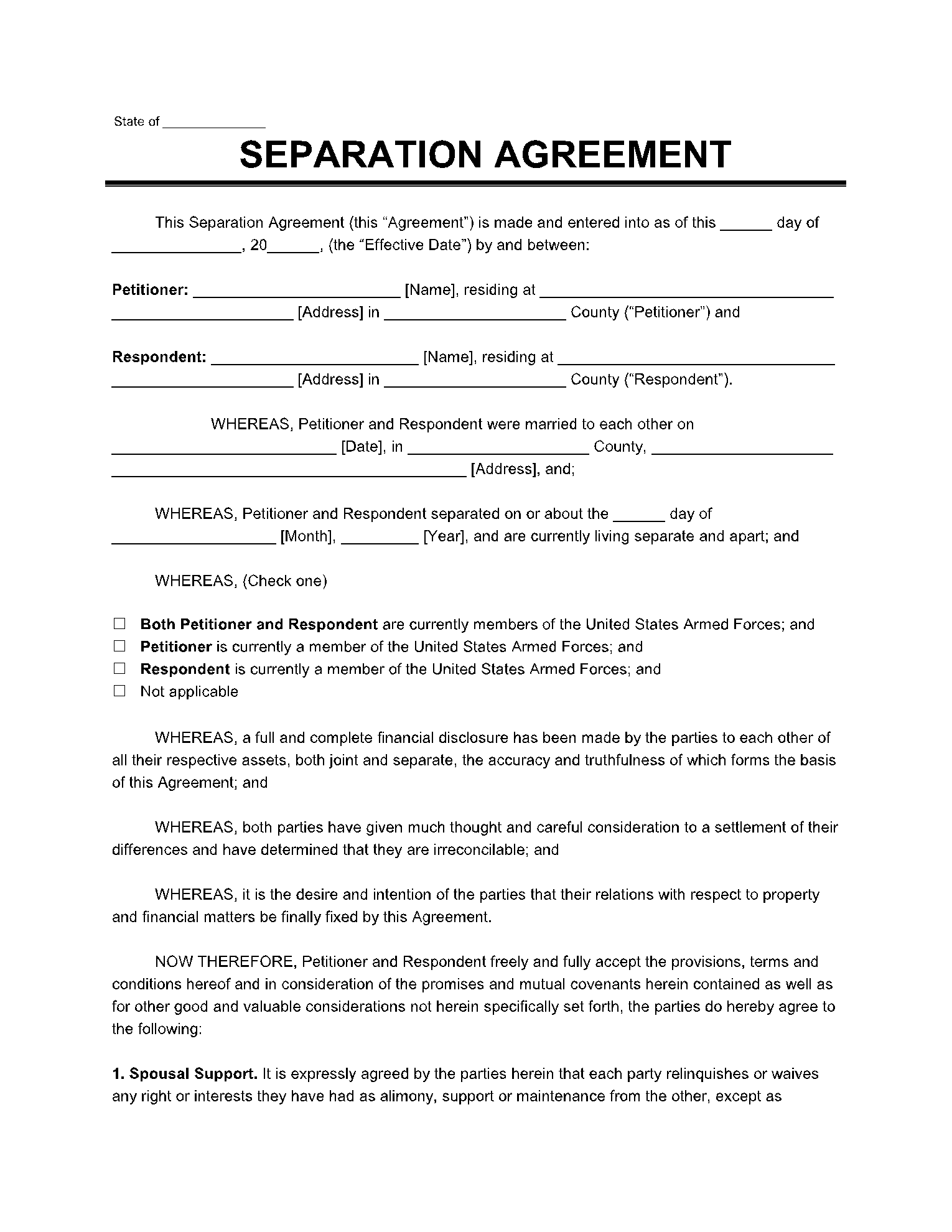 Template For Separation Agreement