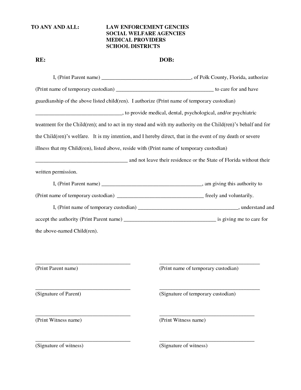 Template For Temporary Custody Letter