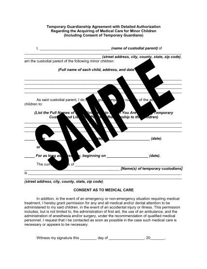 Temporary Guardianship Agreement With Detailed Authorization Regarding