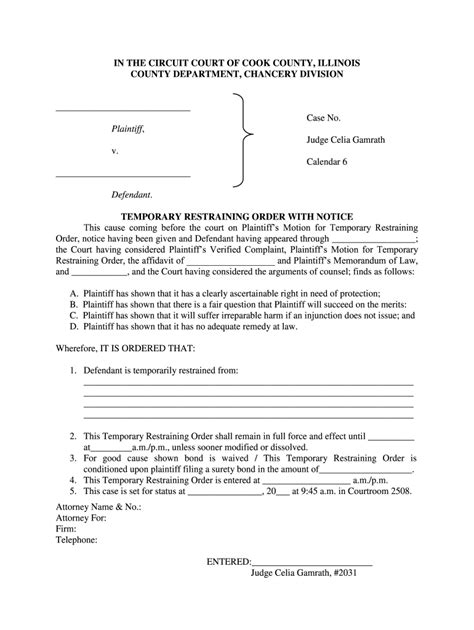 Temporary Restraining Order With Notice Circuit Court Of Cook