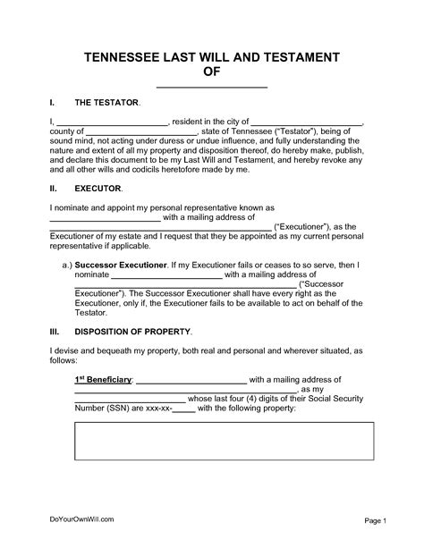 Tennessee Last Will And Testament Templates Free Word Pdf Odt