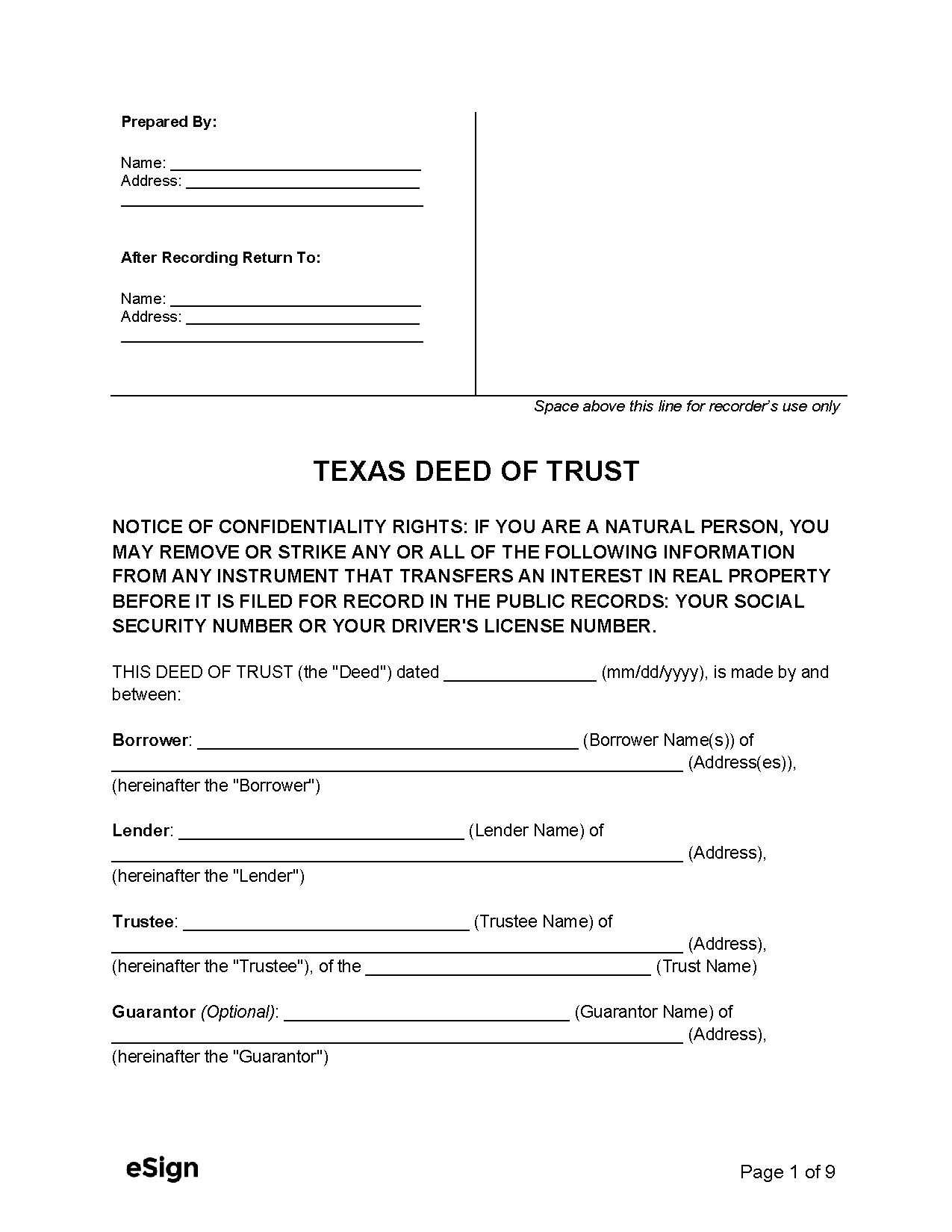 Texas Deed Of Trust Form