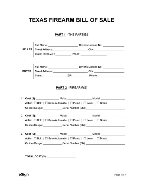 Texas Gun Bill Of Sale Form Free Printable