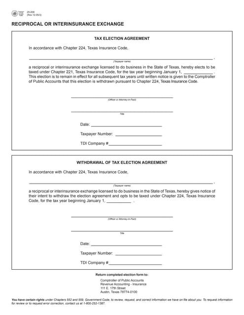 Texas Insurance Tax Forms 25 208 Reciprocal Or Interinsurance Exchange