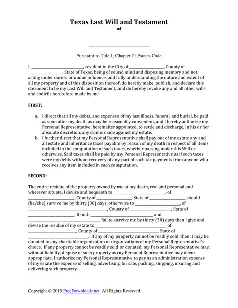 Texas Legal Last Will And Testament Form For Married Person With Adult