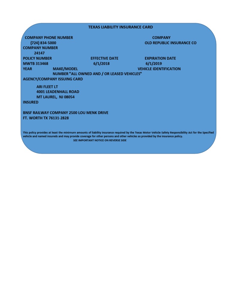 Texas Liability Insurance Card Fill Out Amp Sign Online Dochub